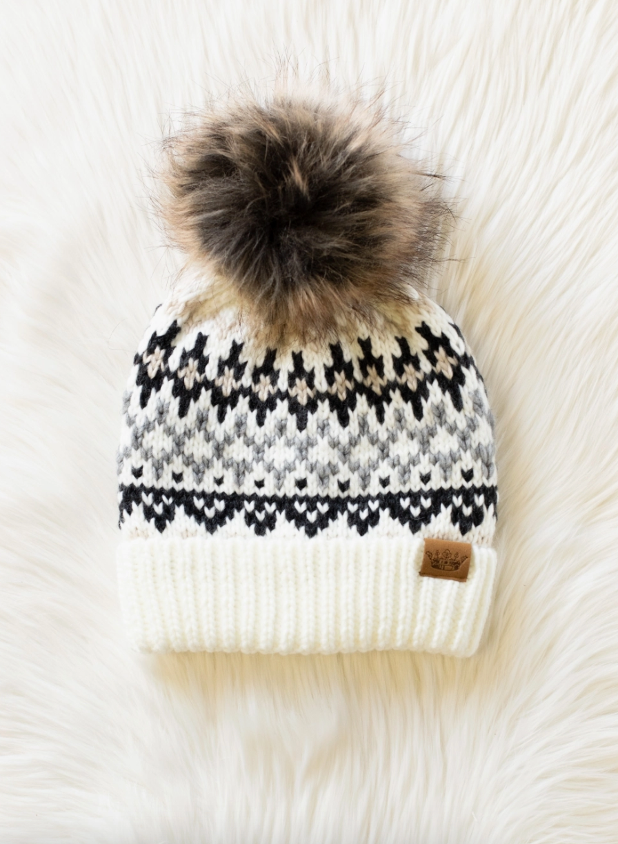 IVORY, GRAY, TAN & WINTER PATTERN POM HAT
