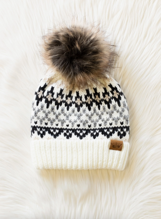 IVORY, GRAY, TAN & WINTER PATTERN POM HAT