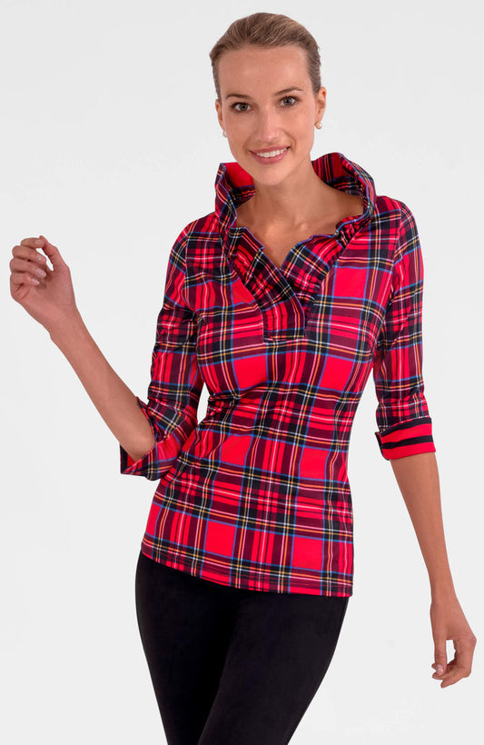 GRETCHEN SCOTT RUFFNECK TOP DUKE PLAID RED