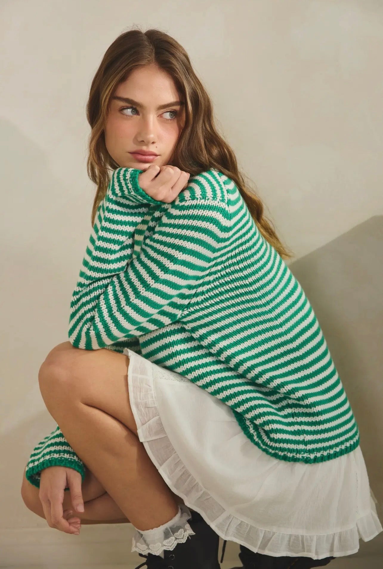 EVERYDAY COZY KNIT STRIPED SWEATER GREEN - COMING SOON