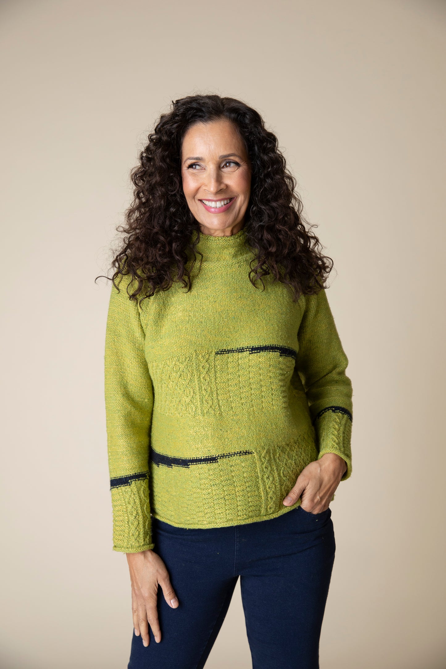 HABITAT HARVEST TWEED MIXED CABLE STITCH PULLOVER PEAR