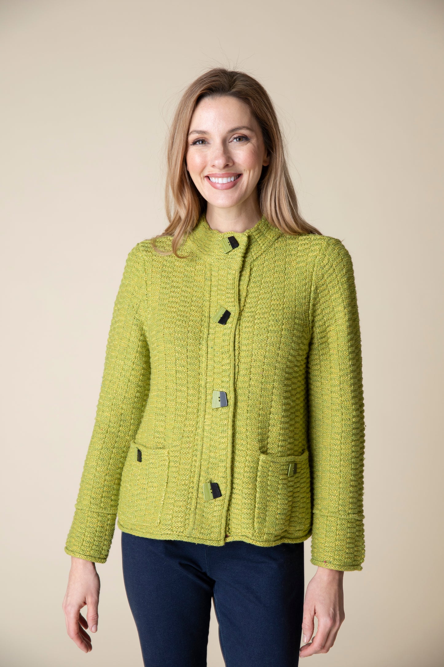 HABITAT HARVEST TWEED BRICK STITCH CARDIGAN PEAR