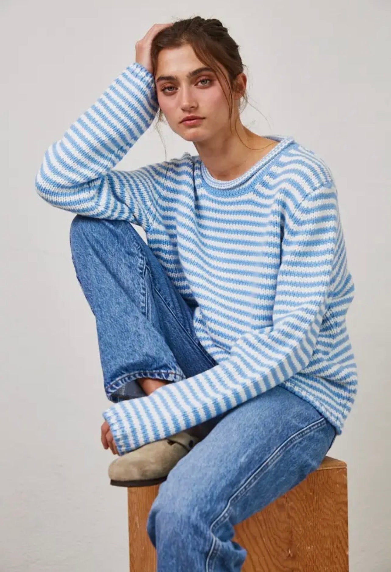 EVERYDAY COZY KNIT STRIPED SWEATER BLUE