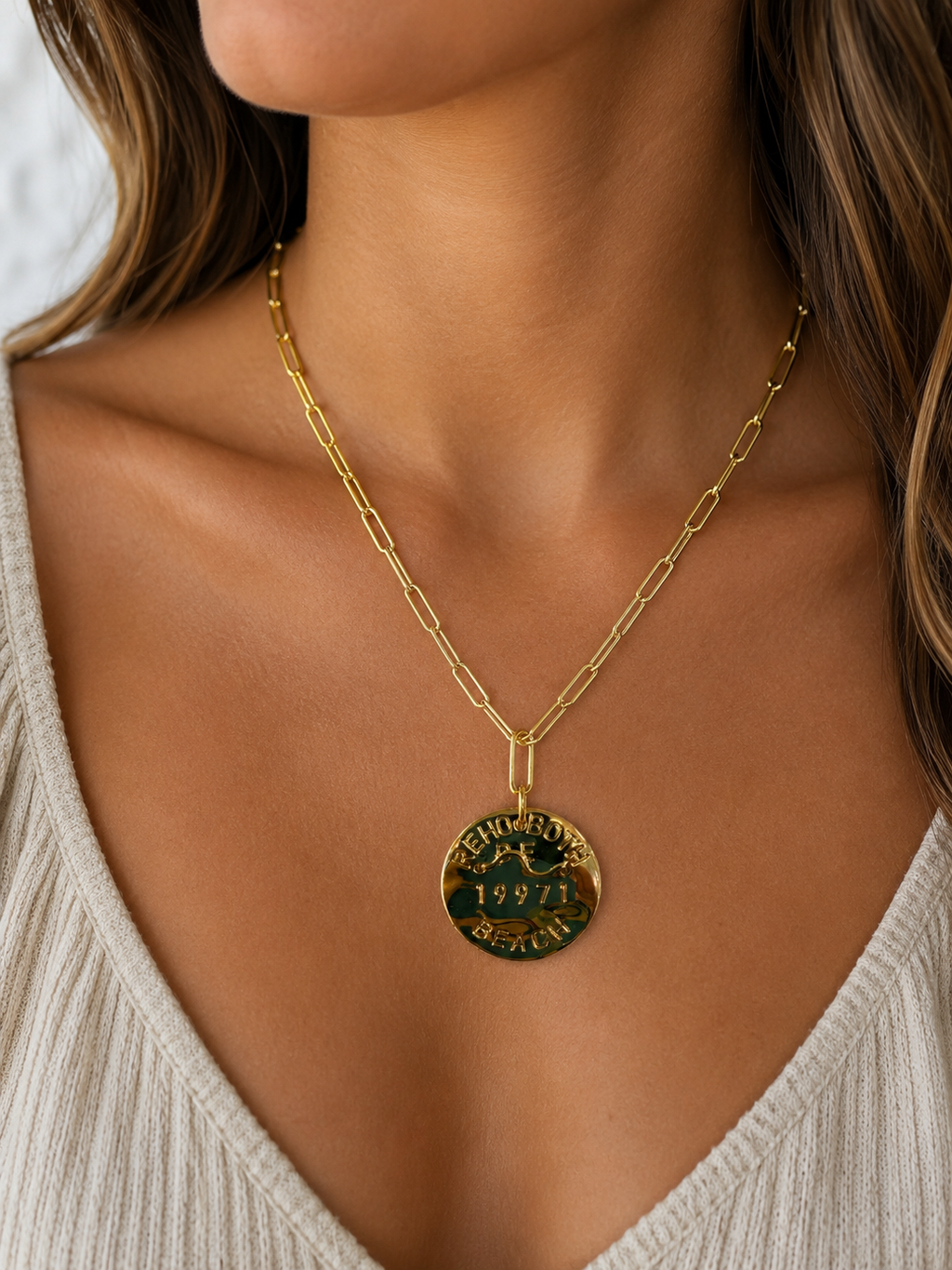 Beach Tag Charm Necklace 18k Gold Plated - Rehoboth