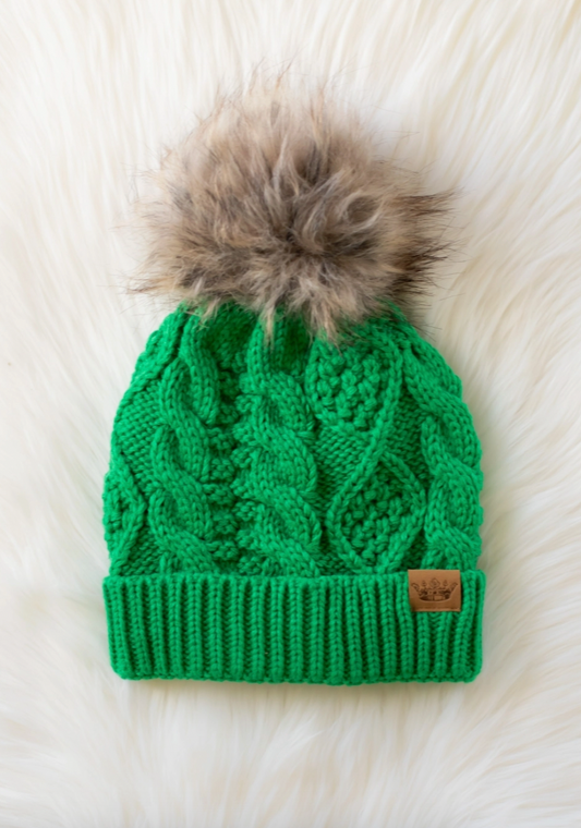 BRIGHT GREEN CABLE KNIT POM HAT
