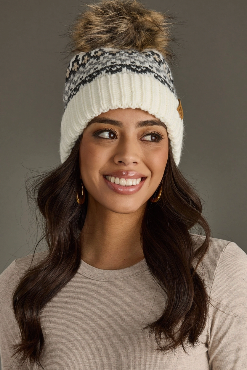 IVORY, GRAY, TAN & WINTER PATTERN POM HAT