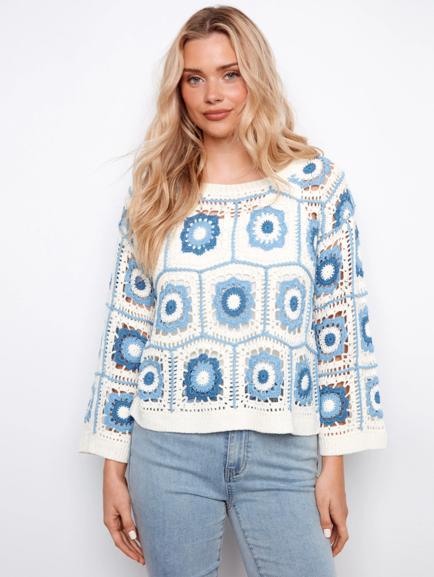 CHARLIE FLORAL CROCHET SWEATER - BLUE