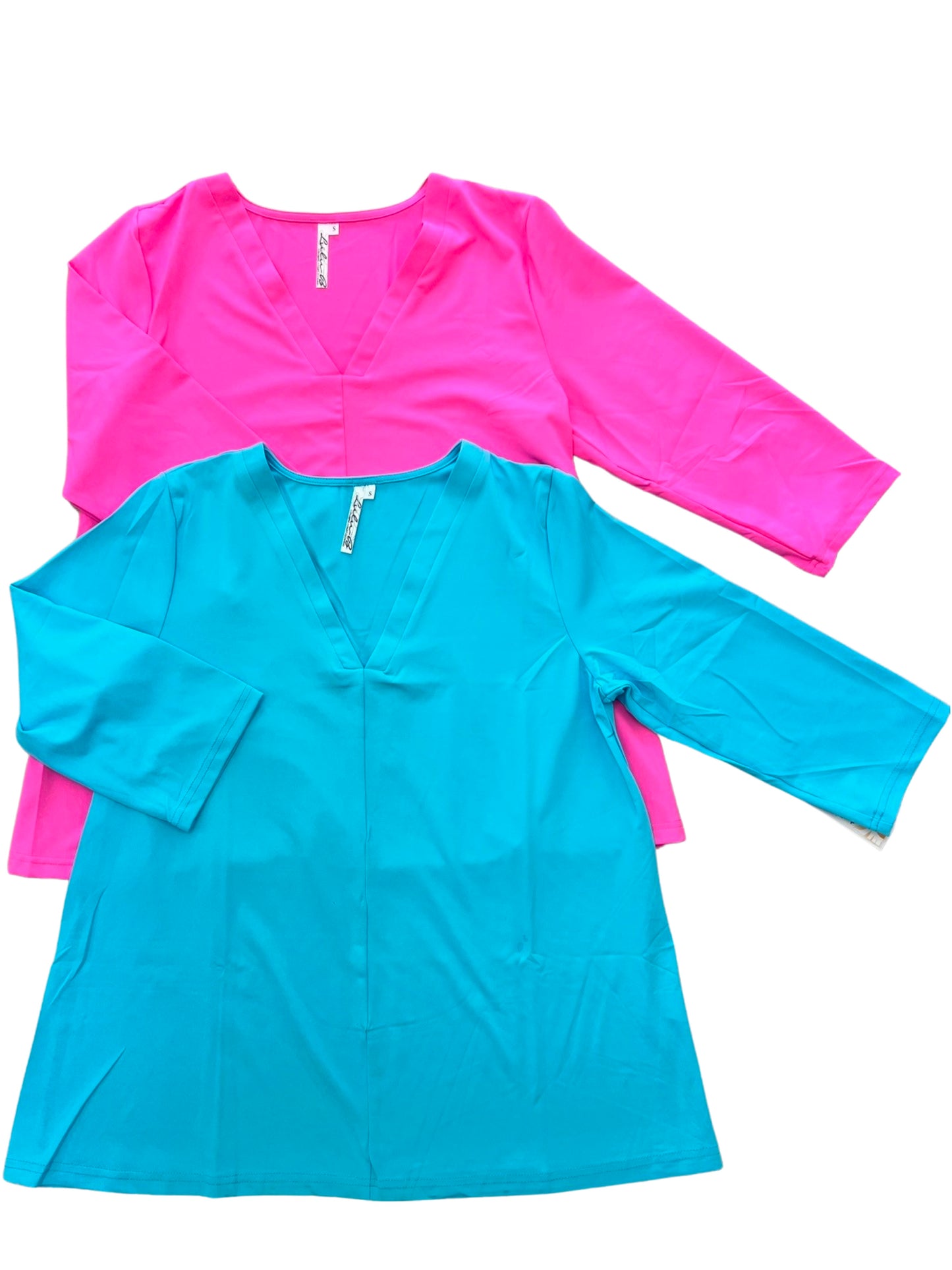 LULU B UPF VNECK 3/4SLEEVE AQUA